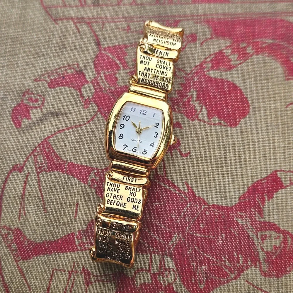 Avon Ten Commandments Scrolls Watch Gold Tone Vintage Religious Expansion Band